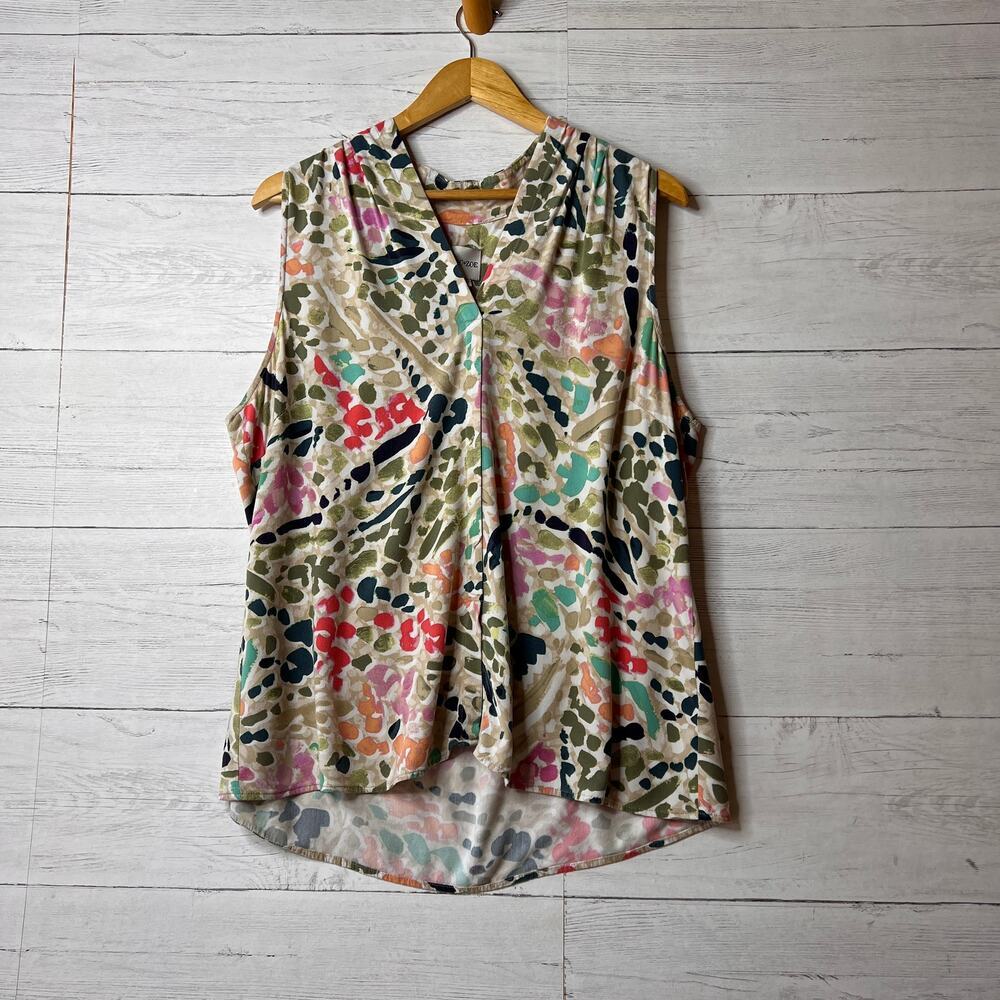 Nic + Zoe Blouse Womens Size XL Color Splash Abstract Sleeveless V Neck Pleated